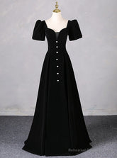 Black Velvet Short Sleeve Square Neck Prom Dress